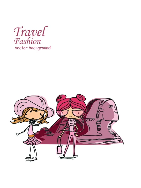 Fashion Cartoon Girl viaggia per il mondo — Vettoriale Stock