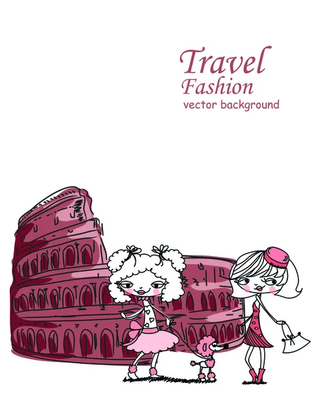 Fashion Cartoon Girl viaggia per il mondo — Vettoriale Stock