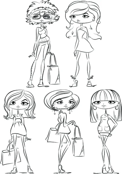 Conjunto de dibujos animados chicas de moda — Vector de stock