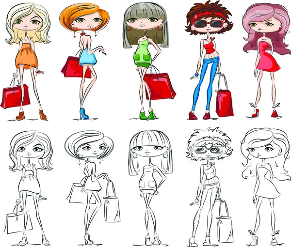 Conjunto de dibujos animados chicas de moda — Vector de stock