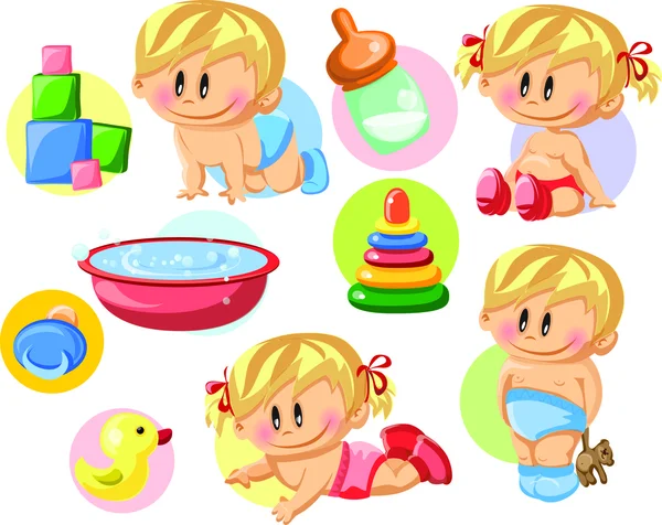 Baby boys, baby girls and nursery accessories — Stock Vector