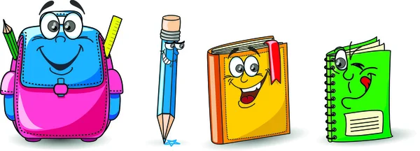 Çizgi film okul çantası, kitap ve kalem — Stok Vektör