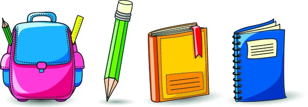 Bolsos de la escuela de dibujos animados, lápices, libros, cuadernos — Vector de stock