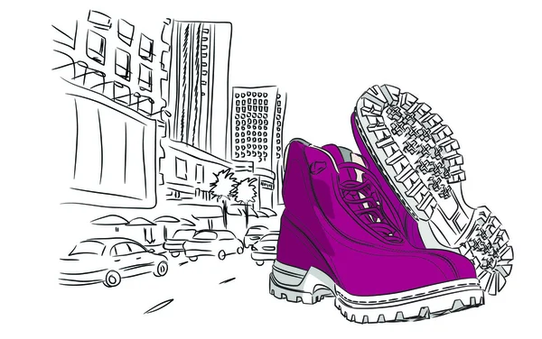 Modieuze schoenen in een abstracte stedelijke achtergrond — Stockvector