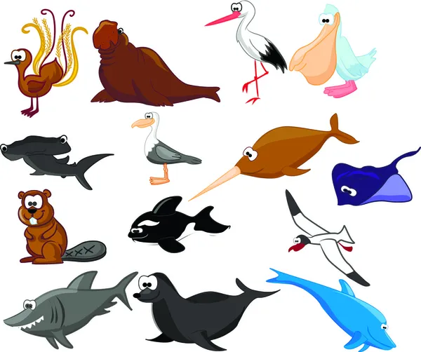 Animaux de dessins animés et oiseaux — Image vectorielle