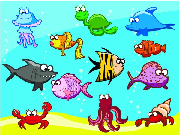 Poissons de bande dessinée dans la mer — Image vectorielle