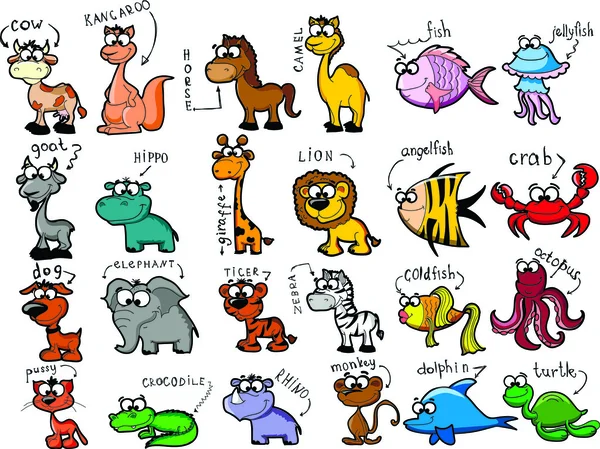 Animales y peces de dibujos animados — Vector de stock