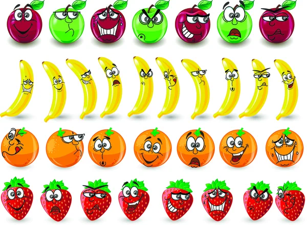 Cartone animato arancio, banana, mele, fragola — Vettoriale Stock