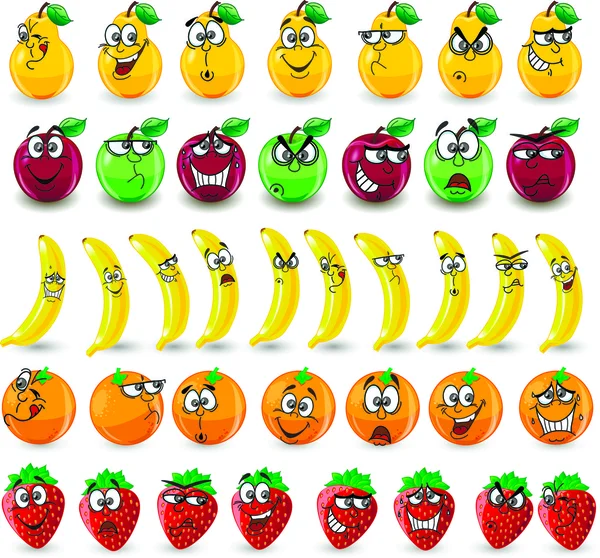 Cartoon oranje, bananen, appels, aardbei, peer, peach, plum, citroen — Stockvector