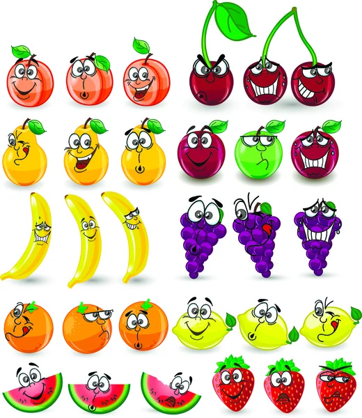 Desenhos animados laranja, banana, maçãs, morango, pêra, cereja, pêssego, ameixa, limão, uvas, melancia — Vetor de Stock