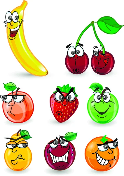 Naranja de dibujos animados, plátano, manzanas, fresa, pera, cereza, melocotón, ciruela, limón — Vector de stock