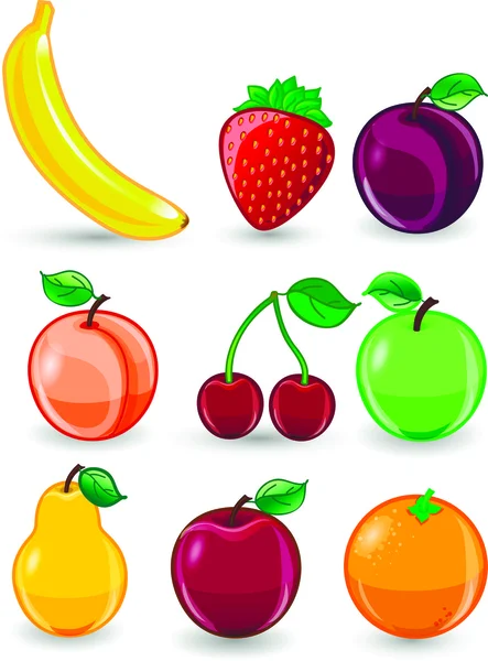 Naranja de dibujos animados, plátano, manzanas, fresa, pera, cereza, melocotón, ciruela — Vector de stock