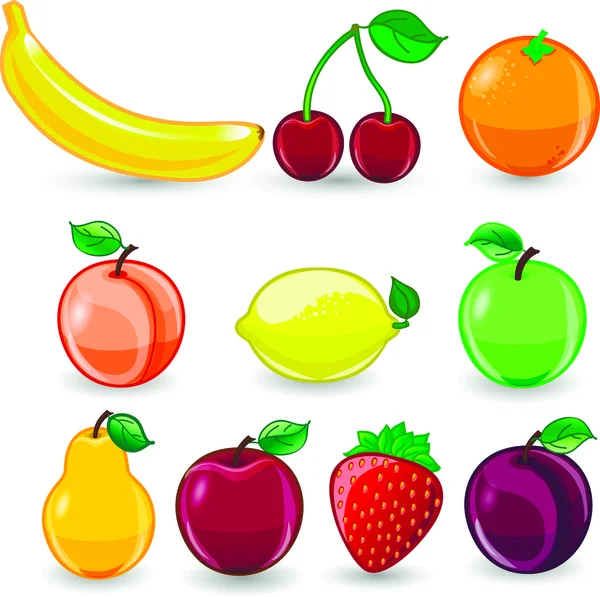 Pomeranč, banán, jablko, jahoda, hruška, třešeň, broskev, švestka, citron, — Stockový vektor