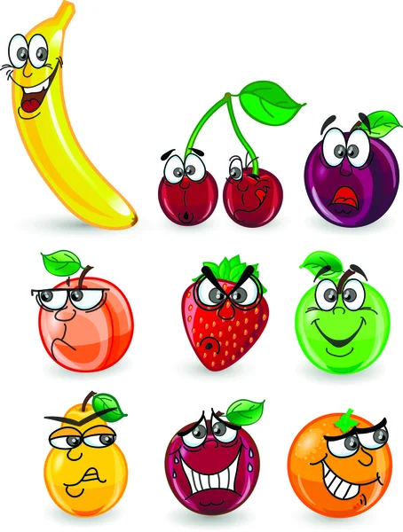 Мультфильм апельсин, банан, яблоки, клубника, груша, вишня, персик, слива, лимон — стоковый вектор