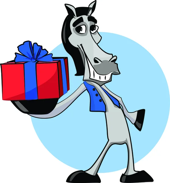 Lustiges Pferd mit Geschenk, weihnachtlichem Hintergrund — Stockvektor