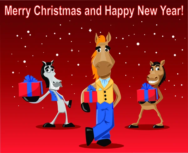 Lustiges Pferd mit Geschenk, weihnachtlichem Hintergrund — Stockvektor