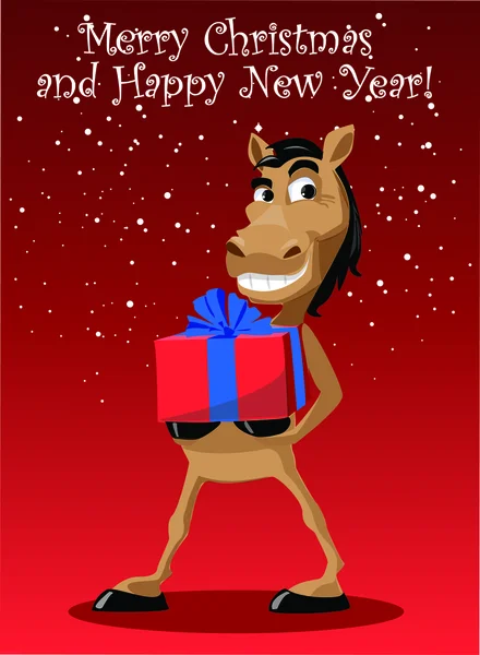 Funny horse with present, christmas background — Stock Vector