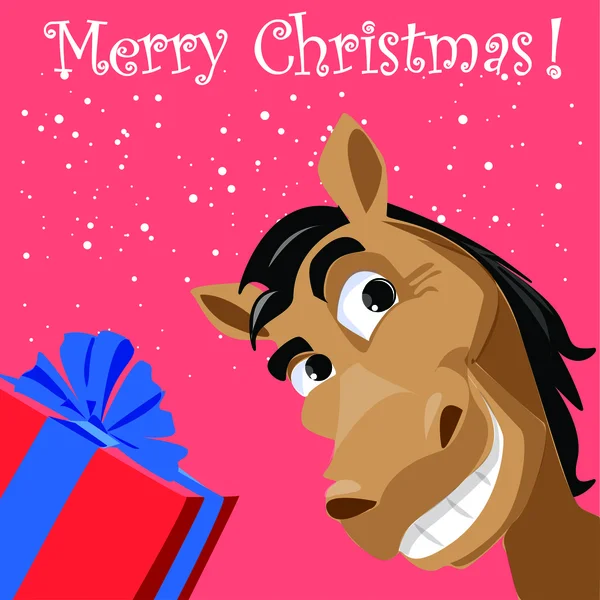 Funny horse with present, christmas background — Stock Vector