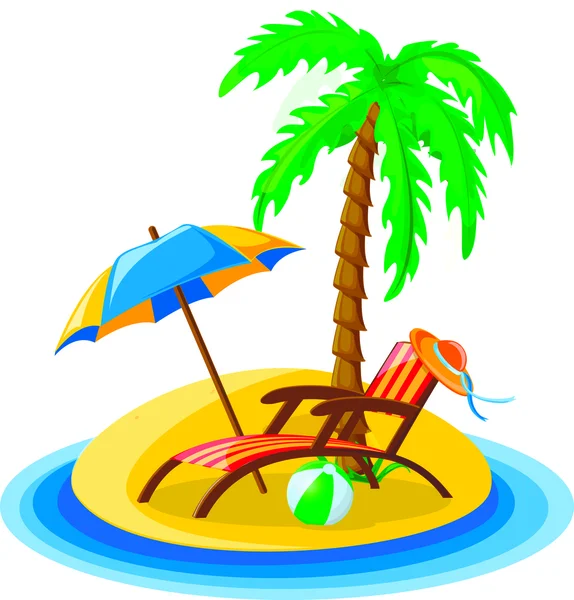Traveling background with palm trees, sun bed, bucket — Stock Vector