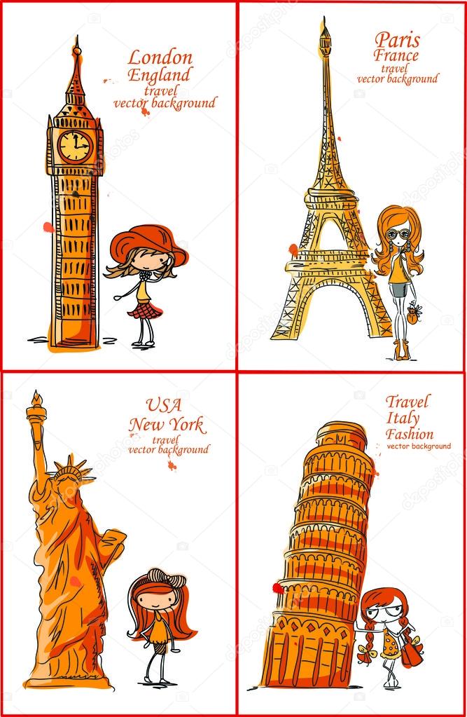 Fashion Cartoon Girl travels the world