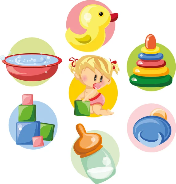 Desenhos animados bebê e acessórios infantis — Vetor de Stock