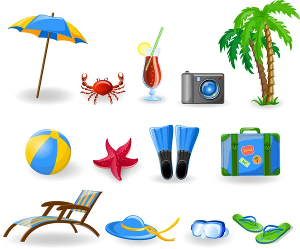 Travel icons, palm, ball, lounge — Stock Vector