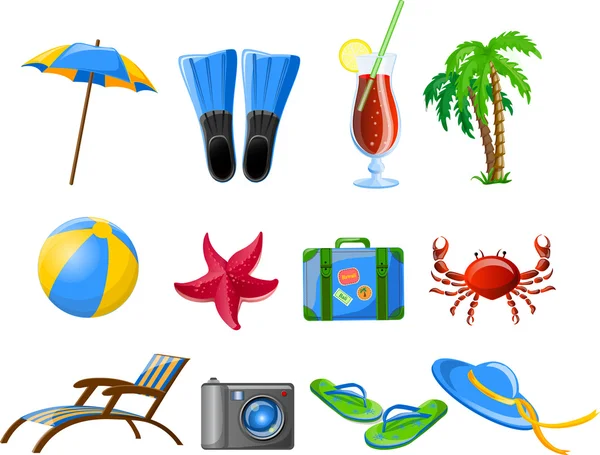 Travel icons, palm, ball, lounge — Stock Vector