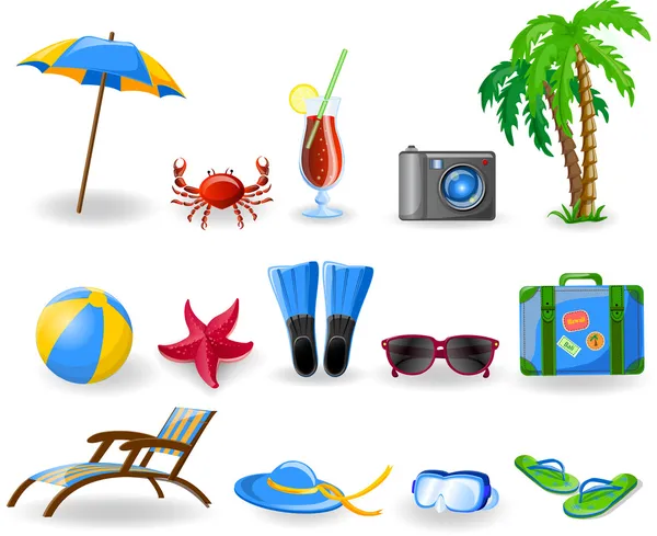 Icônes de voyage, palme, ballon, salon — Image vectorielle