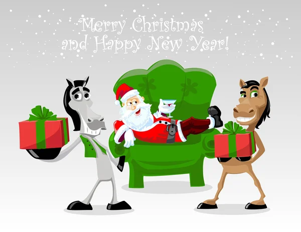 Père Noël drôle avec des chevaux — Image vectorielle