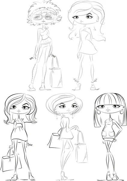 Conjunto de desenhos animados meninas da moda — Vetor de Stock