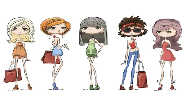 Conjunto de dibujos animados chicas de moda — Vector de stock