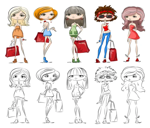 Set di ragazze alla moda cartone animato — Vettoriale Stock
