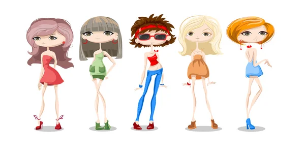 Conjunto de desenhos animados meninas da moda —  Vetores de Stock