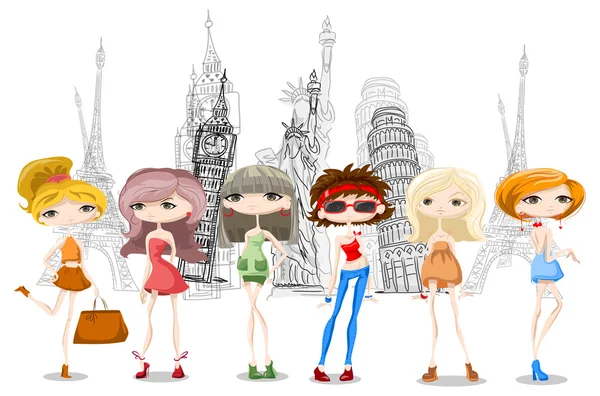 Fashion girls in different country — Stock Vector