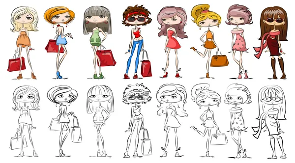Desenhos animados meninas da moda — Vetor de Stock
