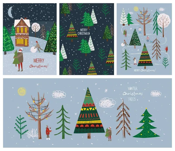 Dibujo a mano vectorial ilustración abstracta de moda de tarjetas de vacaciones de Feliz Navidad y Feliz Año Nuevo 2022 con árbol de Navidad, bosque de invierno, personas y letras. — Archivo Imágenes Vectoriales