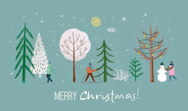 Векторный ручной рисунок модной абстрактной иллюстрации праздничных открыток с Рождеством и Новым 2022 годом с елкой, зимним лесом, людьми и надписью. — стоковый вектор