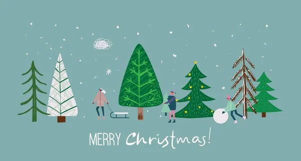Dibujo a mano vectorial ilustración abstracta de moda de tarjetas de vacaciones de Feliz Navidad y Feliz Año Nuevo 2022 con árbol de Navidad, bosque de invierno, personas y letras. — Archivo Imágenes Vectoriales