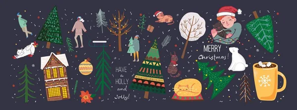 一套冬季圣诞树和太阳、雪、雪花、灌木、云彩、人们制作自己的新年贺卡和圣诞插画卡片 — 图库矢量图片