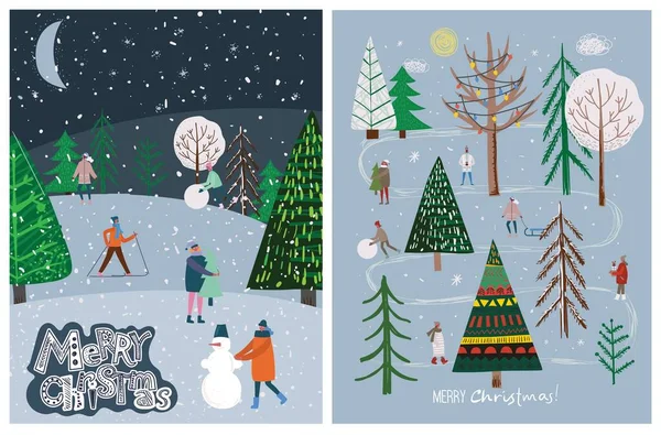 Dibujo a mano vectorial ilustración abstracta de moda de tarjetas de vacaciones de Feliz Navidad y Feliz Año Nuevo 2022 con árbol de Navidad, bosque de invierno, personas y letras. — Vector de stock