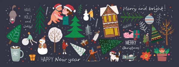 Conjunto de vectores de invierno Árboles de Navidad y sol, nieve, copo de nieve, arbusto, nube, gente para crear tarjetas de ilustración propias de Año Nuevo y Navidad — Archivo Imágenes Vectoriales