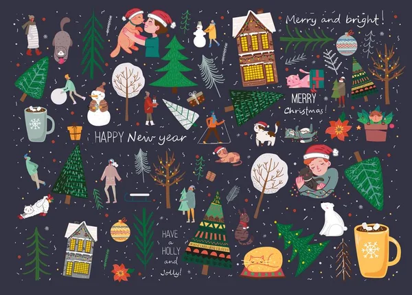 Conjunto de vectores de invierno Árboles de Navidad y sol, nieve, copo de nieve, arbusto, nube, gente para crear tarjetas de ilustración propias de Año Nuevo y Navidad — Archivo Imágenes Vectoriales