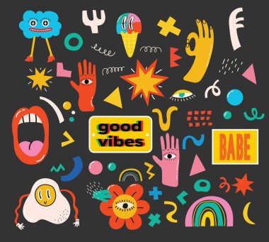 Soyut komik komik karakterlere sahip çeşitli yamalar, iğneler, pullar veya çıkartmaların modaya uygun vektör çizimleri.