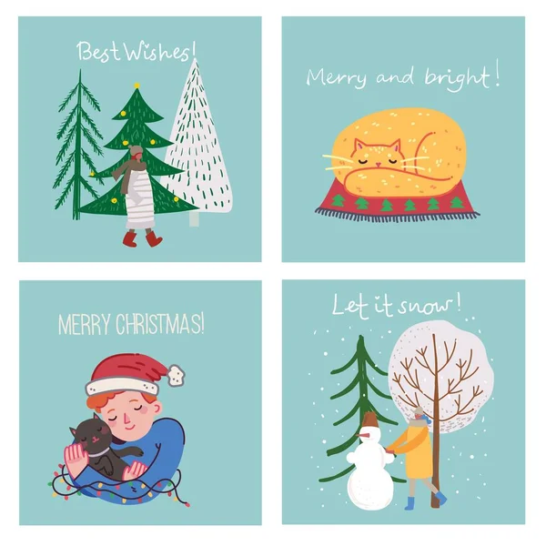 Dibujo a mano vectorial ilustración abstracta de moda de tarjetas de vacaciones de Feliz Navidad y Feliz Año Nuevo 2022 con árbol de Navidad, bosque de invierno, personas y letras. — Vector de stock