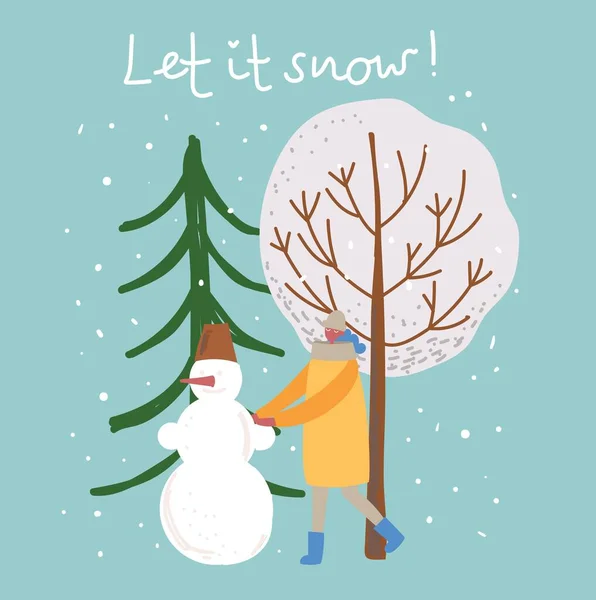 Dessin à la main vectoriel illustration abstraite à la mode de carte de vacances de Joyeux Noël et Bonne Année 2022 avec arbre de Noël, forêt d'hiver, personnes et lettrage. — Image vectorielle