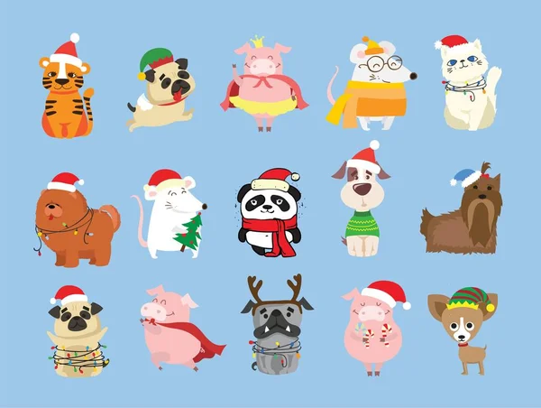 Conjunto de Navidad de diferentes animales y símbolo navideño del año tigre, rata, gato, perro con regalos y otros — Vector de stock