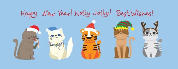 Vánoční kočky, Veselé vánoční ilustrace tygra a koček, v plochém kresleném stylu. — Stockový vektor