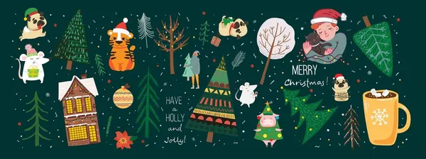一套冬季圣诞树和太阳、雪、雪花、灌木、猫、人们制作自己的新年贺卡和圣诞插画卡片 — 图库矢量图片