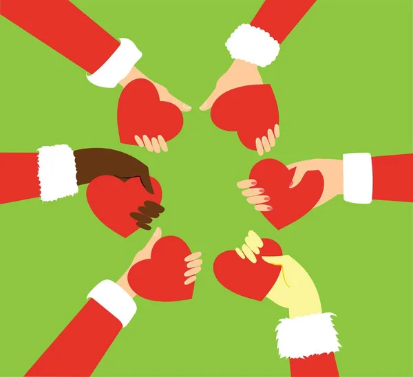 Conjunto Mãos Papai Noel Segurando Coração Vermelho Mãos Crianças Fundo —  Vetores de Stock
