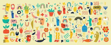 Çizgi film Düz Tasarımı 'nda büyük renkli vektör illüstrasyon posterleri. El çizimi soyut şekiller, komik çizgi karakterler.